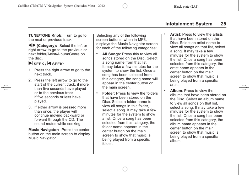 Infotainment system 25 | Cadillac CTS User Manual | Page 25 / 76