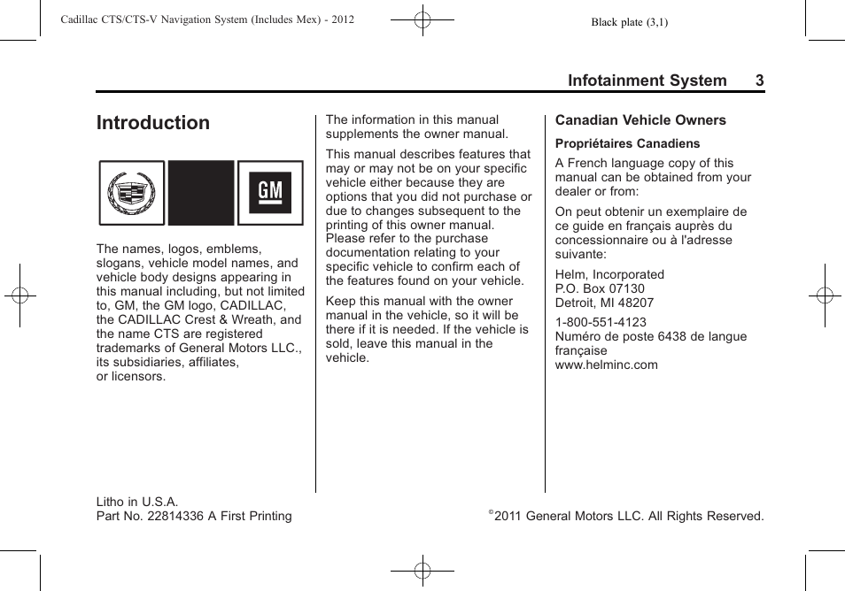 Infotainment system, Introduction, Infotainment system 3 | Cadillac CTS User Manual | Page 3 / 76