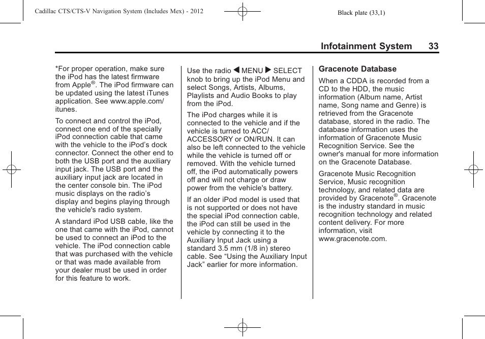 Infotainment system 33 | Cadillac CTS User Manual | Page 33 / 76