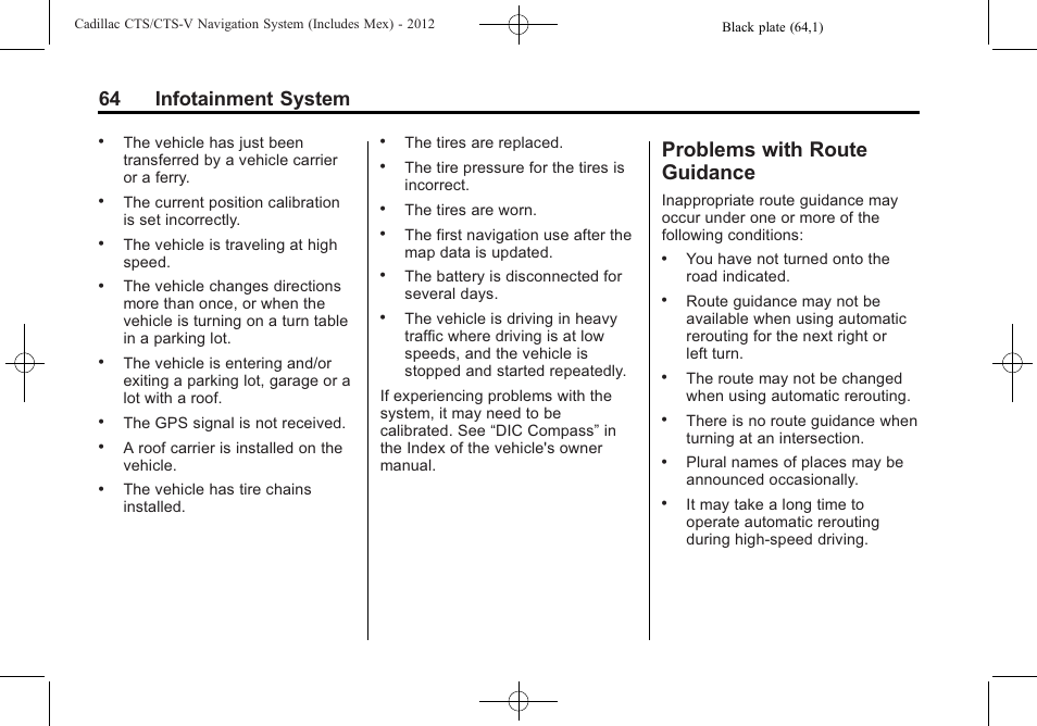 Problems with route guidance, Problems with route, Guidance | 64 infotainment system | Cadillac CTS User Manual | Page 64 / 76