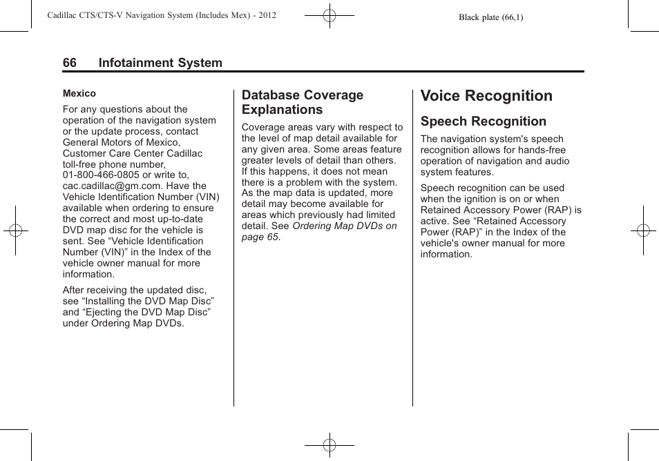 Database coverage explanations, Voice recognition, Speech recognition | Database coverage | Cadillac CTS User Manual | Page 66 / 76