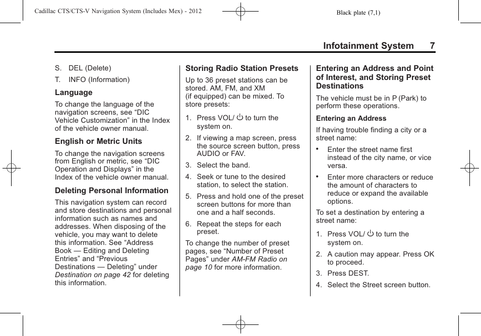 Infotainment system 7 | Cadillac CTS User Manual | Page 7 / 76