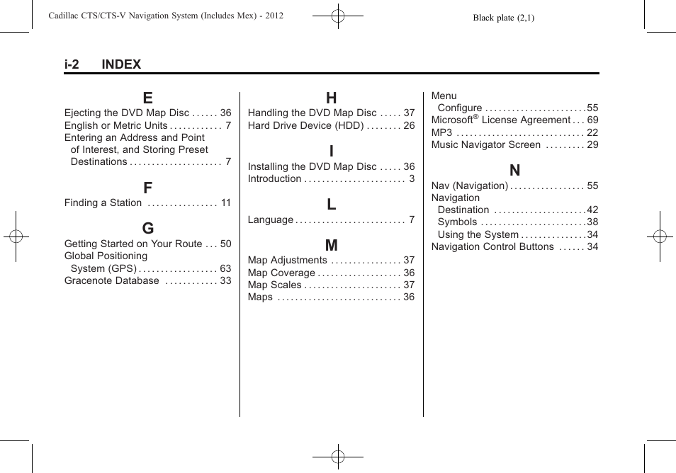 Index_e, Index_f, Index_g | Index_h, Index_i, Index_l, Index_m, Index_n | Cadillac CTS User Manual | Page 74 / 76