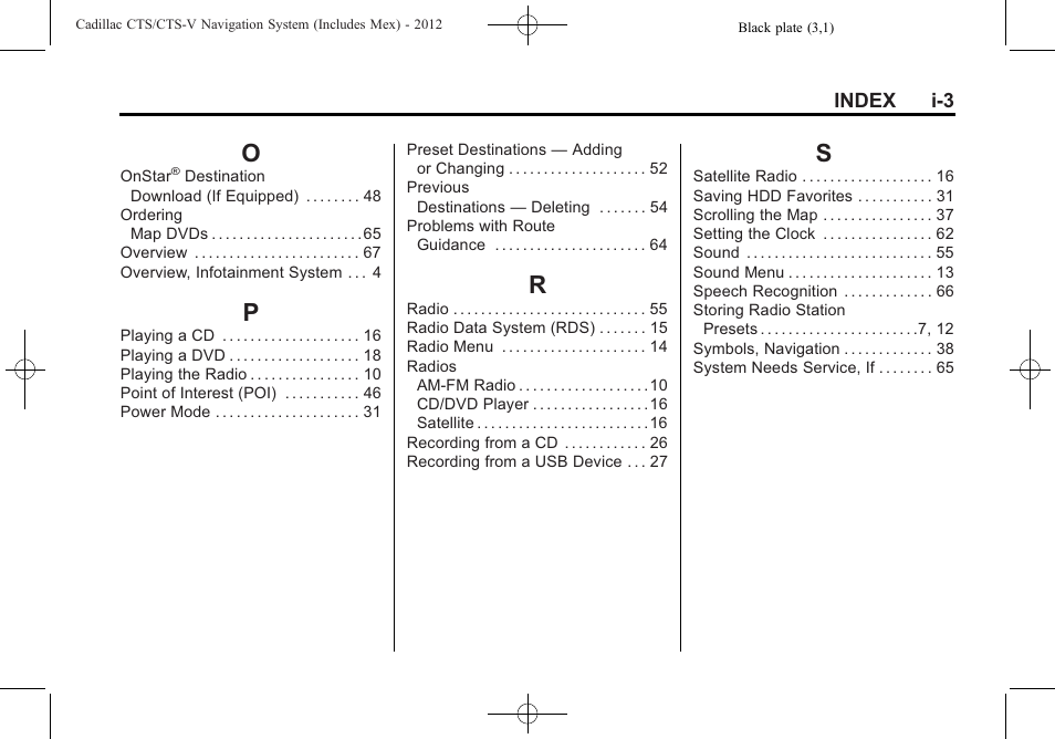 Index_o, Index_p, Index_r | Index_s | Cadillac CTS User Manual | Page 75 / 76
