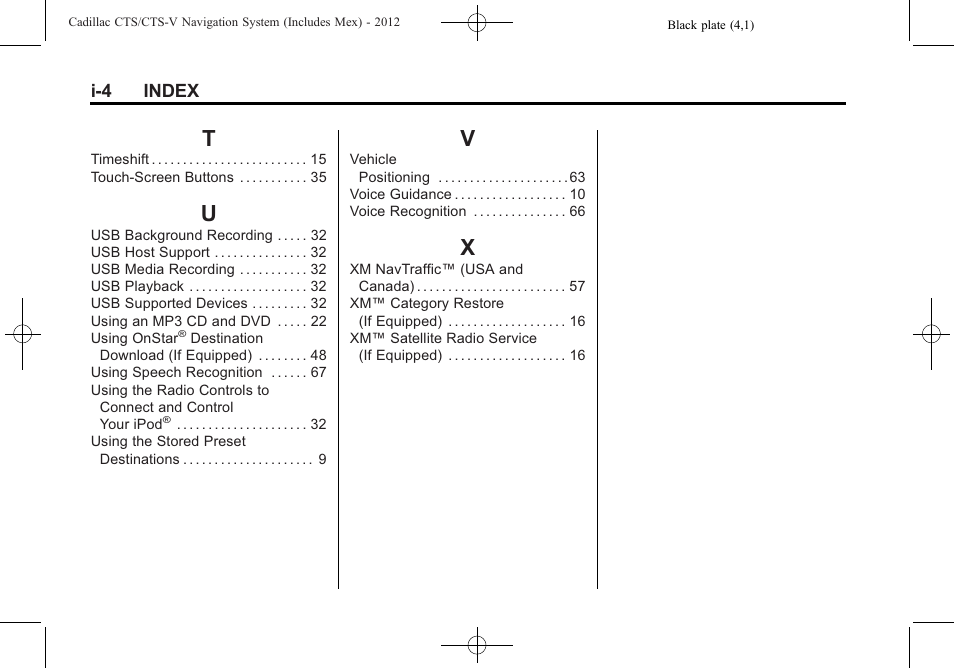 Index_t, Index_u, Index_v | Index_x | Cadillac CTS User Manual | Page 76 / 76