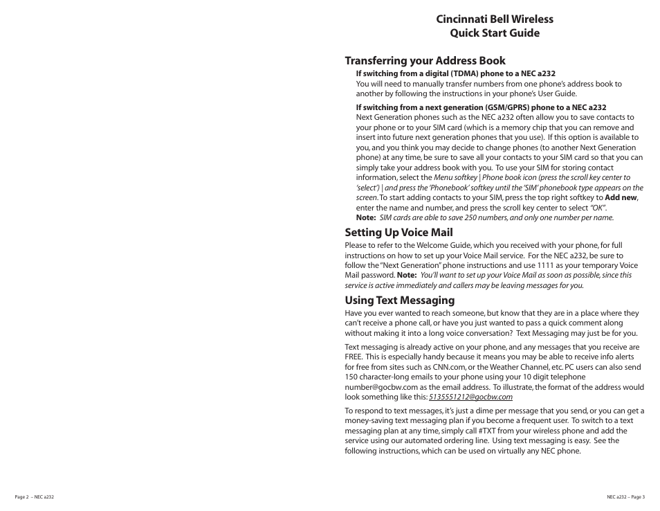 Cincinnati Bell NEC A232 User Manual | Page 2 / 9