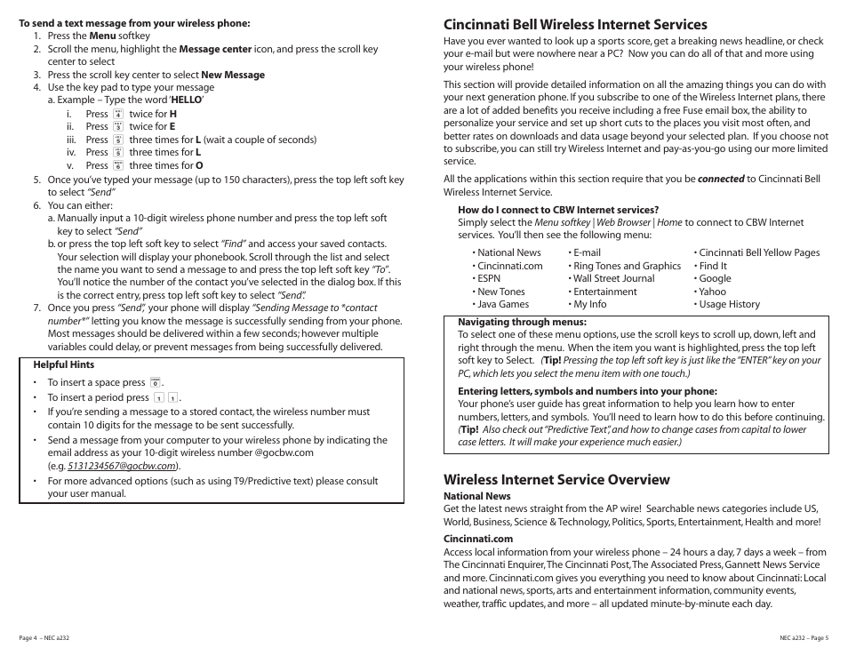 Cincinnati bell wireless internet services, Wireless internet service overview | Cincinnati Bell NEC A232 User Manual | Page 3 / 9