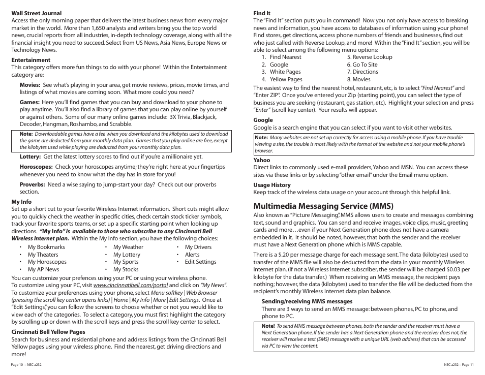 Multimedia messaging service (mms) | Cincinnati Bell NEC A232 User Manual | Page 6 / 9