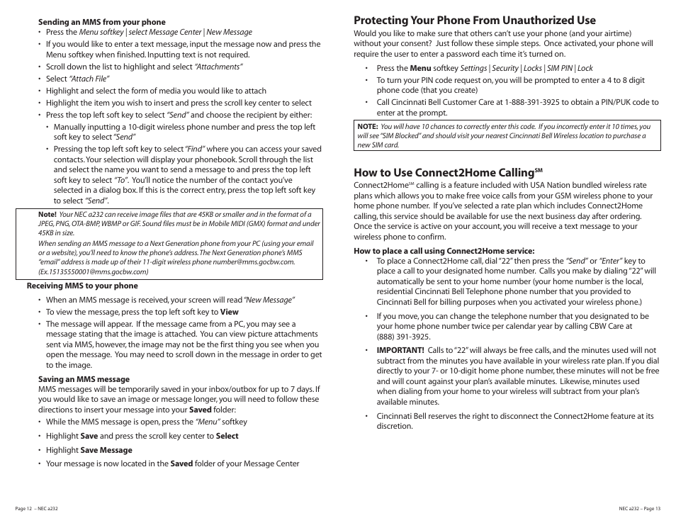 Protecting your phone from unauthorized use, How to use connect2home calling | Cincinnati Bell NEC A232 User Manual | Page 7 / 9