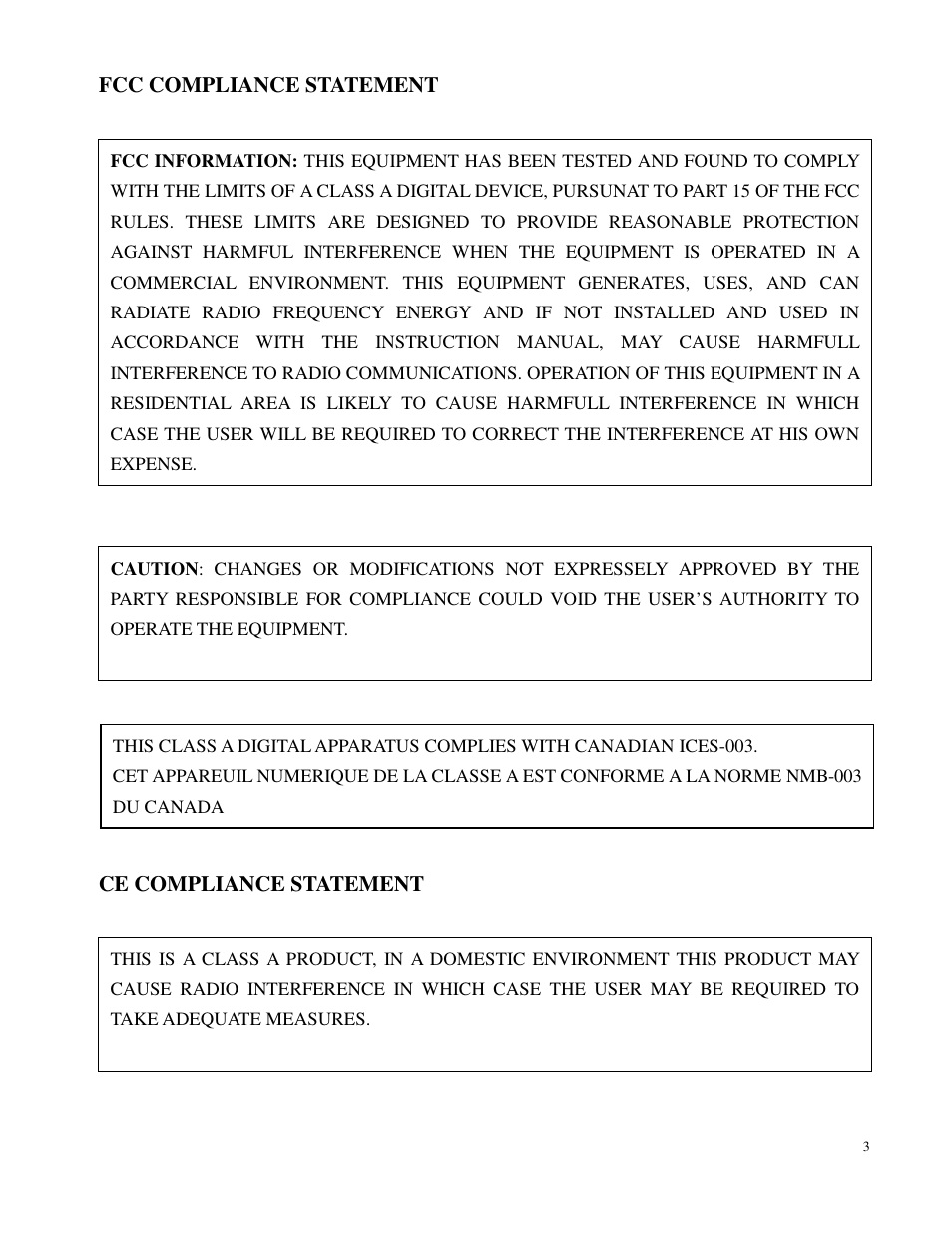 Fcc compliance statement, Ce compliance statement | Costar CDC2500MI User Manual | Page 4 / 35