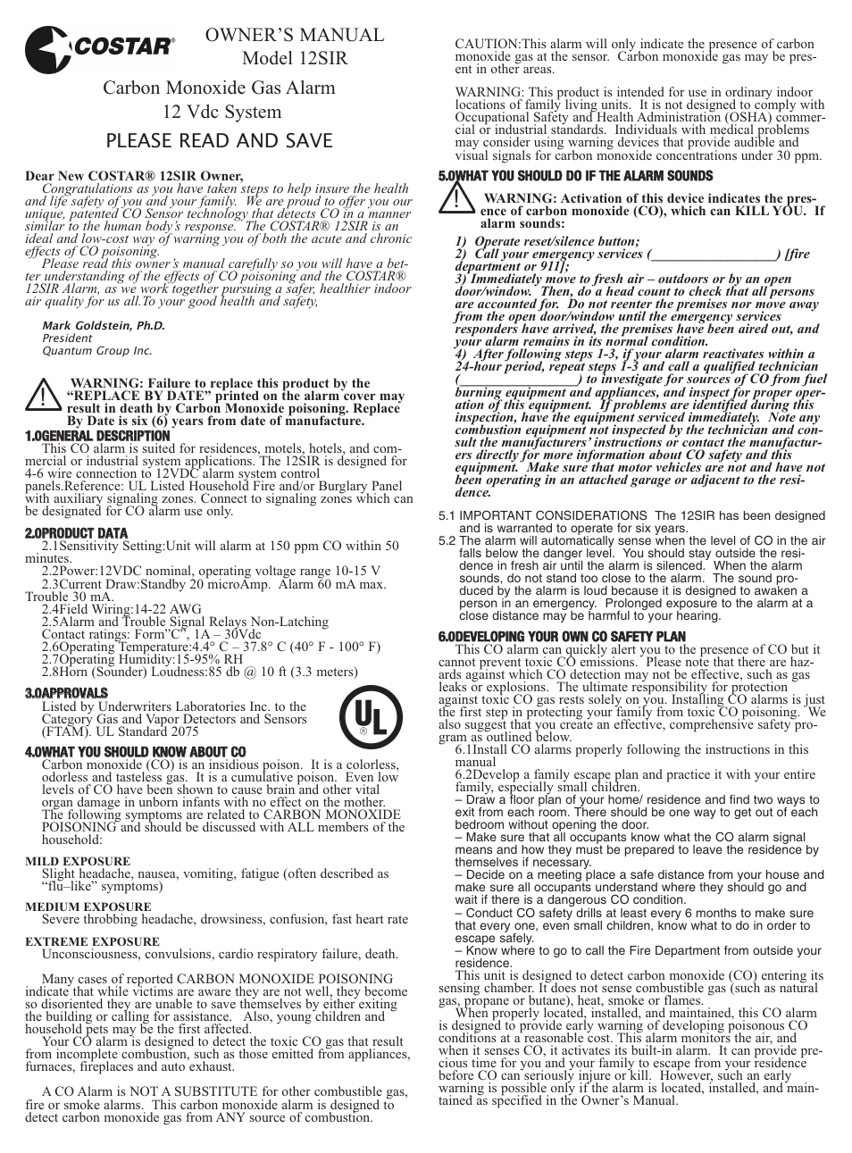 Costar 12SIR User Manual | 4 pages