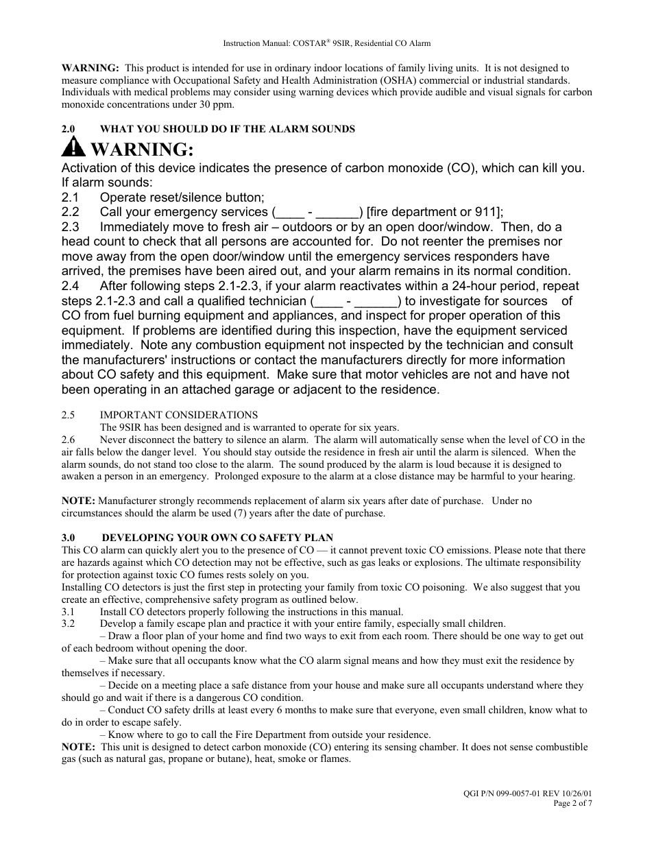 Warning | Costar 9SIR User Manual | Page 2 / 7