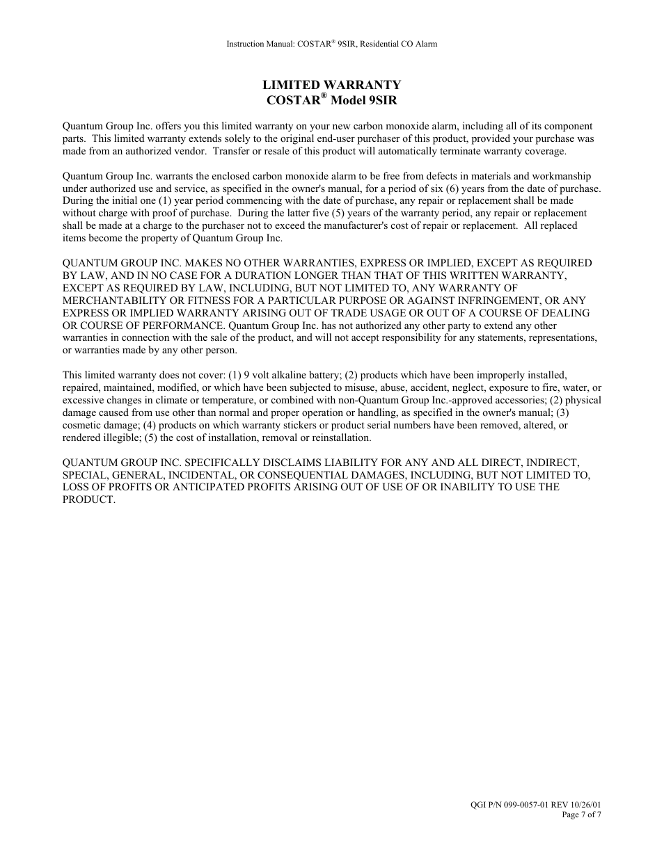 Limited warranty costar, Model 9sir | Costar 9SIR User Manual | Page 7 / 7