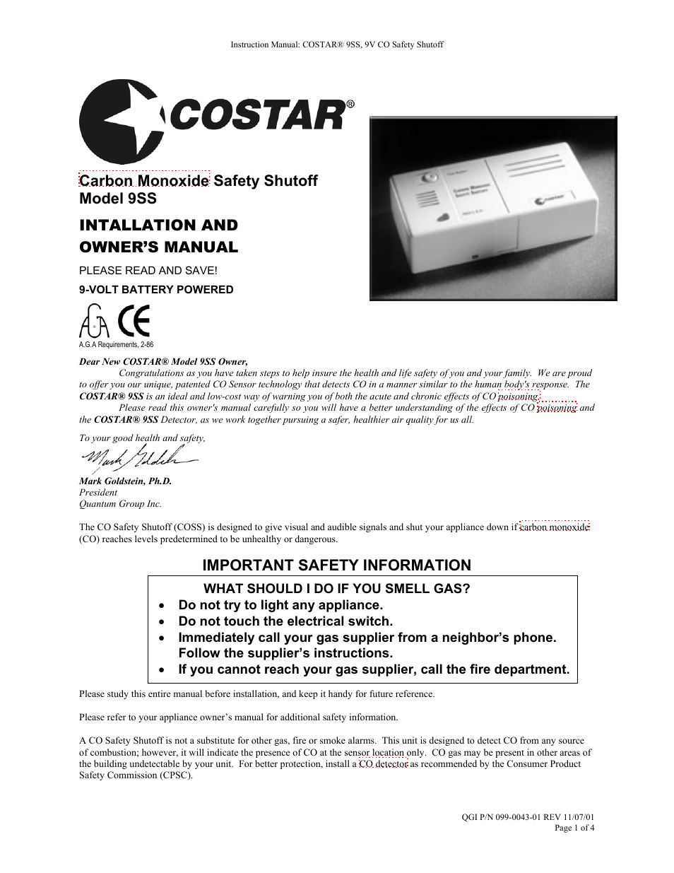 Costar 9SS User Manual | 4 pages