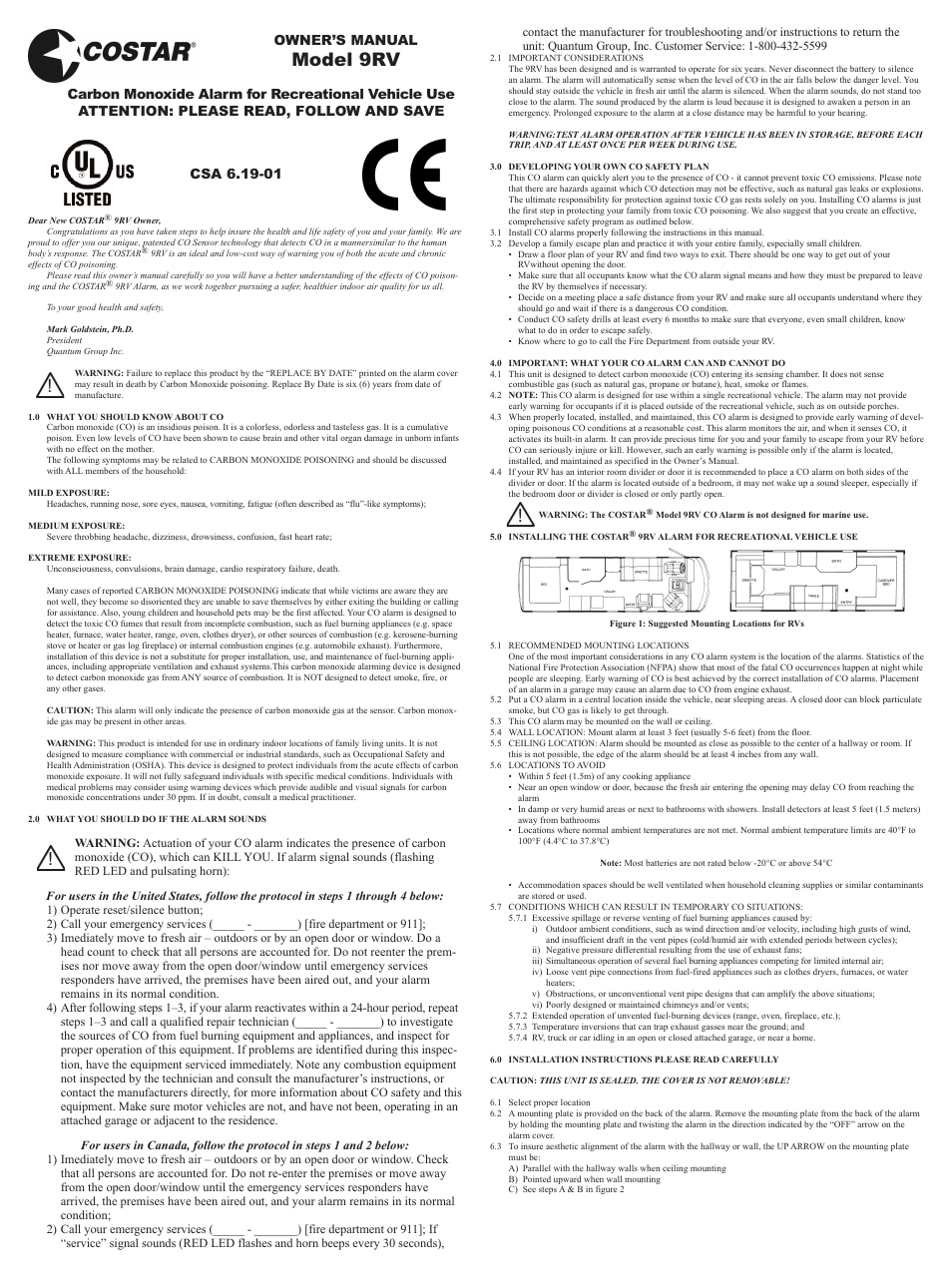Costar 9RV User Manual | 2 pages