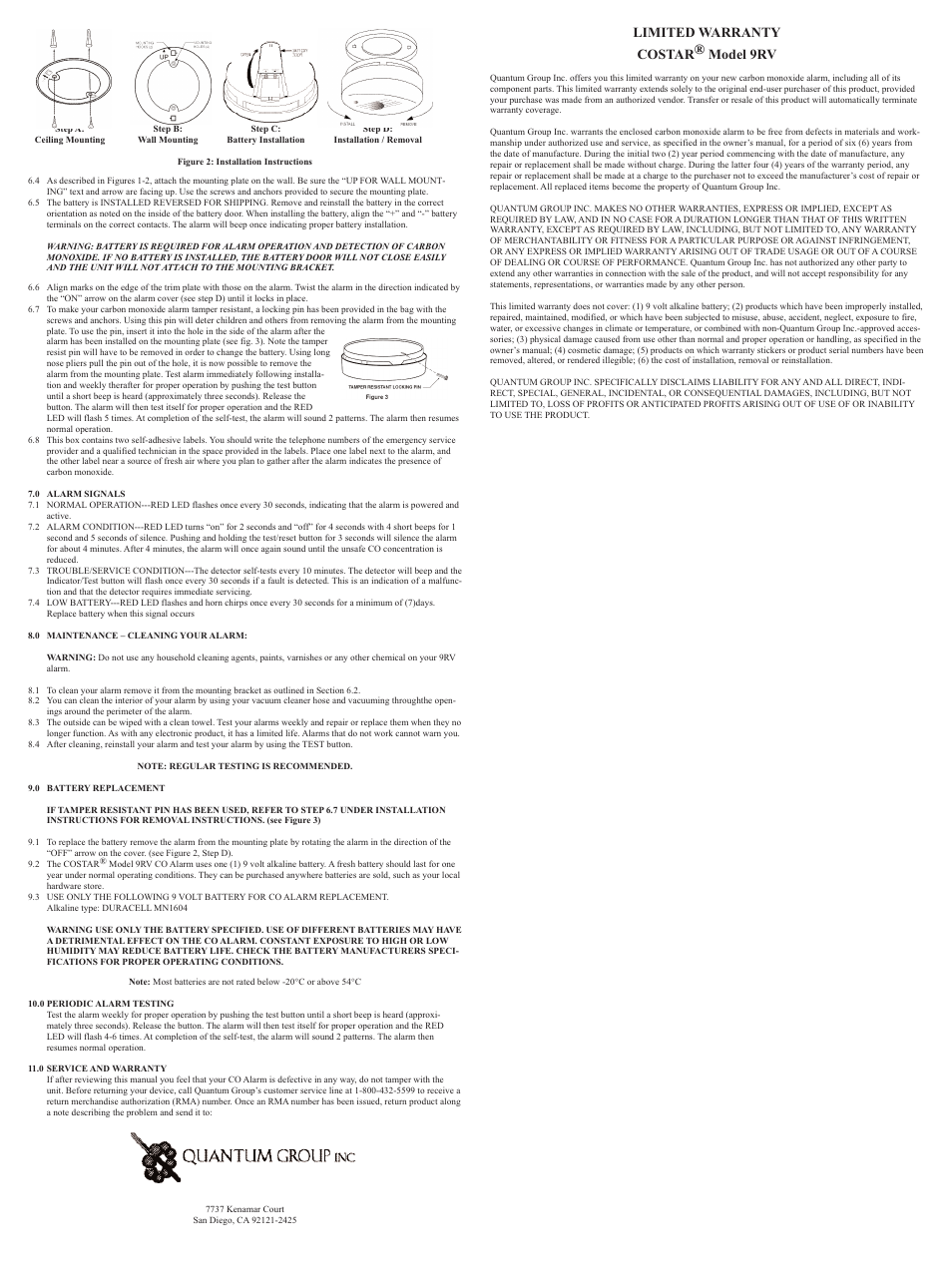 Limited warranty costar® model 9rv | Costar 9RV User Manual | Page 2 / 2