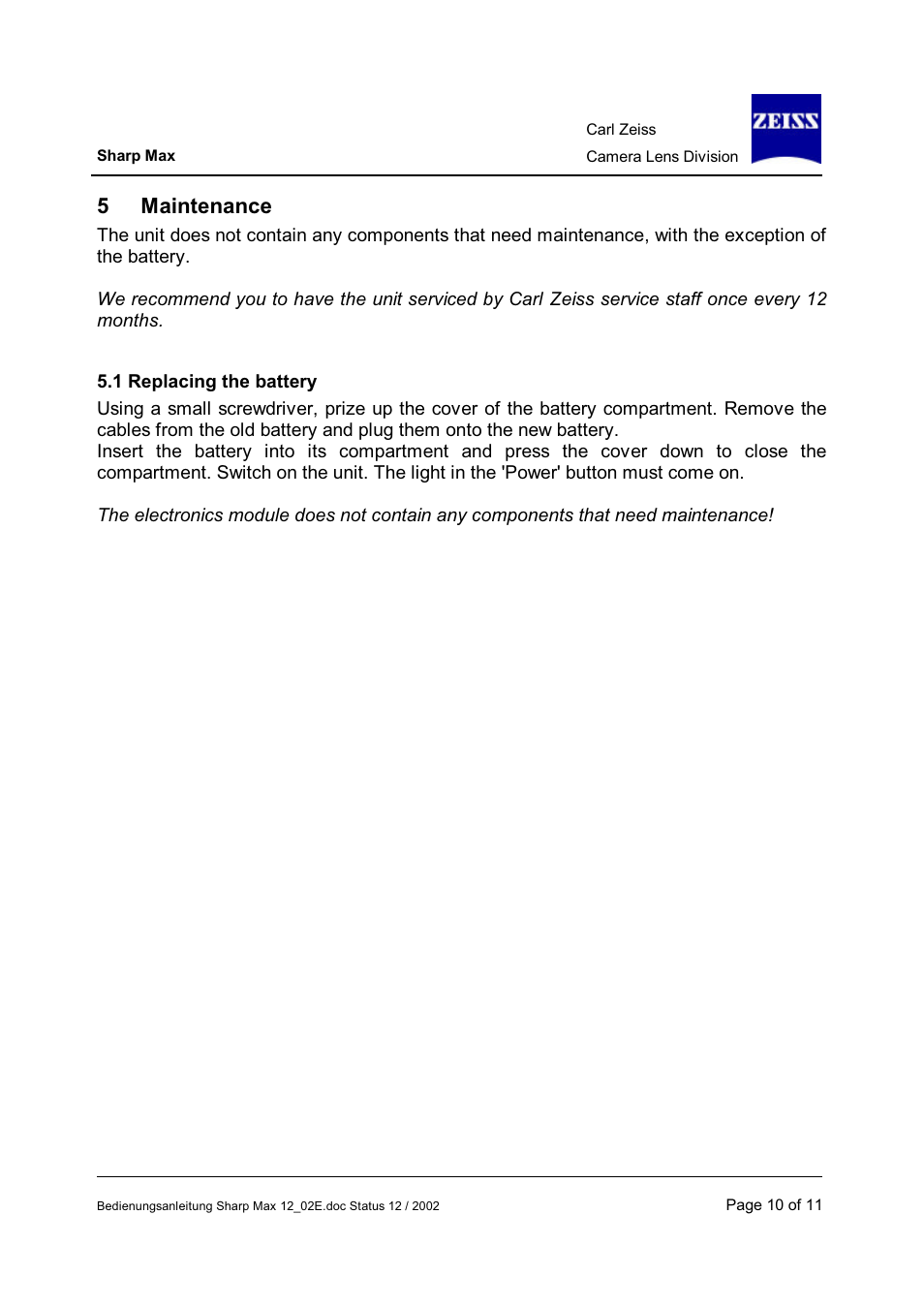 5maintenance | Carl Zeiss Camera Lens User Manual | Page 10 / 11