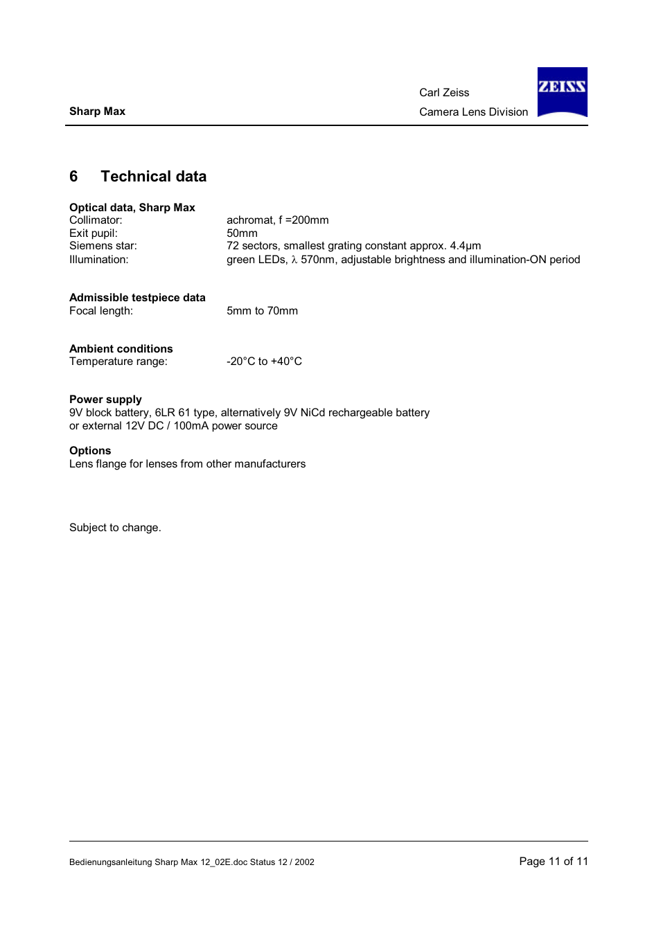 6technical data | Carl Zeiss Camera Lens User Manual | Page 11 / 11