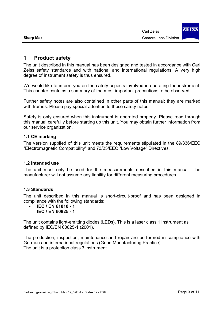 1product safety | Carl Zeiss Camera Lens User Manual | Page 3 / 11