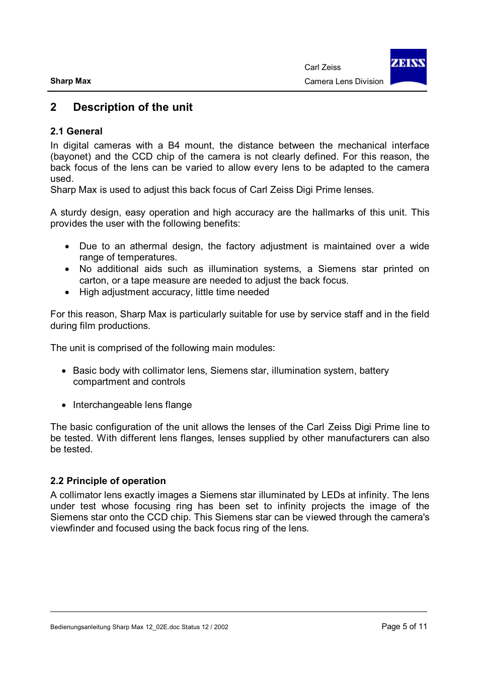 2description of the unit | Carl Zeiss Camera Lens User Manual | Page 5 / 11