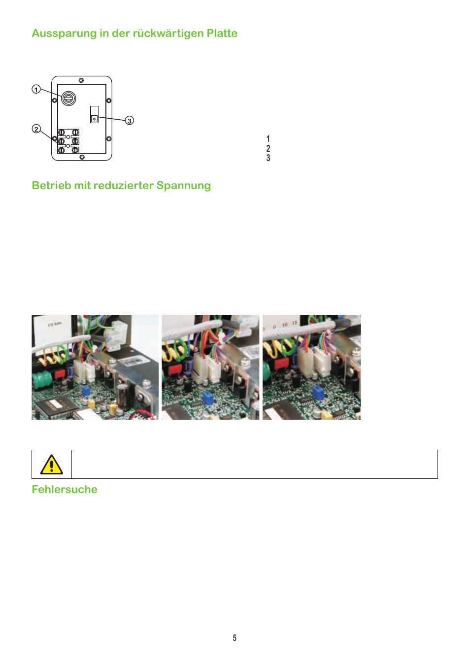 Aussparung in der rückwärtigen platte, Betrieb mit reduzierter spannung, Fehlersuche | Watson-Marlow 504Du User Manual | Page 5 / 31