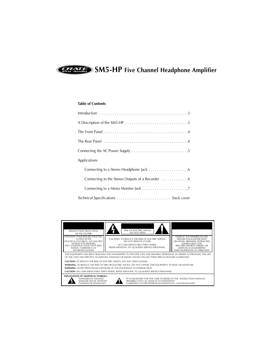 Sm5-hp, Five channel headphone amplifier, Vorsicht attention | Crate Amplifiers SM5-HP User Manual | Page 2 / 8