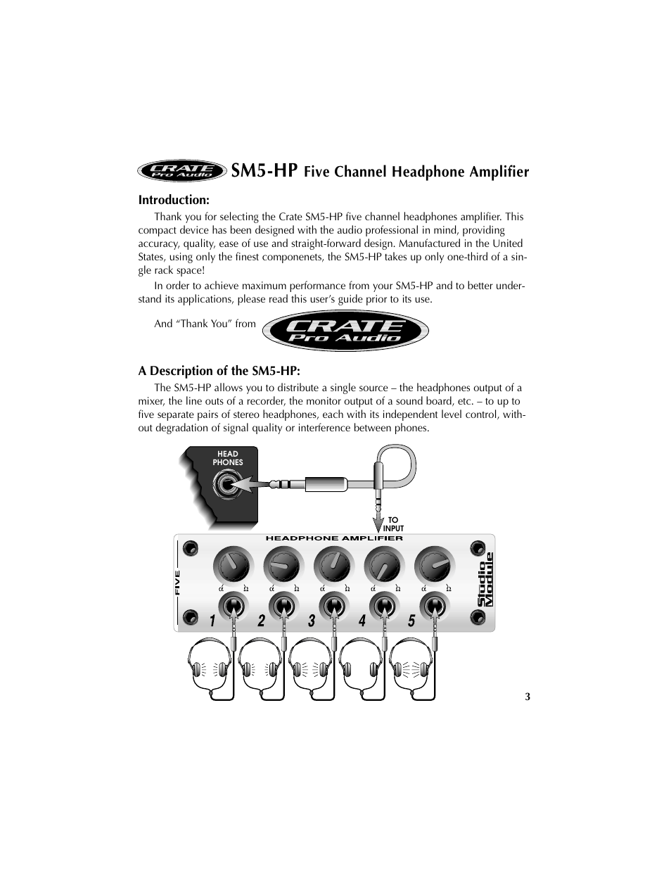 Sm5-hp, Five channel headphone amplifier | Crate Amplifiers SM5-HP User Manual | Page 3 / 8