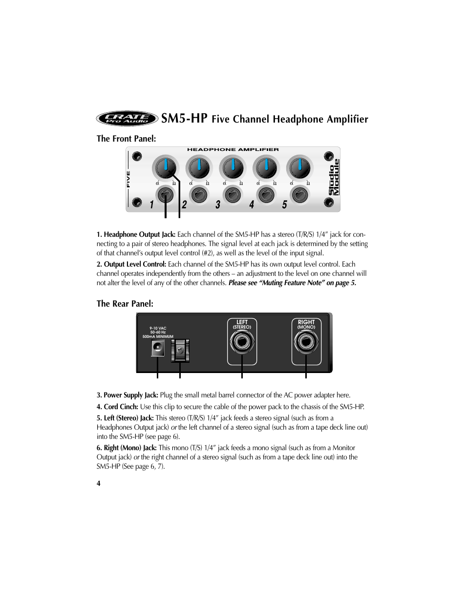 Sm5-hp, Five channel headphone amplifier | Crate Amplifiers SM5-HP User Manual | Page 4 / 8