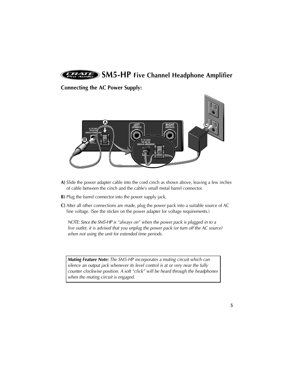 Sm5-hp, Five channel headphone amplifier, Connecting the ac power supply | Crate Amplifiers SM5-HP User Manual | Page 5 / 8