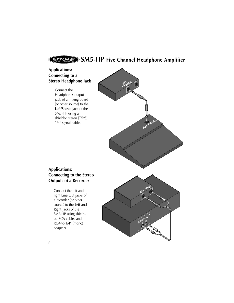 Sm5-hp, Five channel headphone amplifier, Headphones left (stereo) | Right left line out | Crate Amplifiers SM5-HP User Manual | Page 6 / 8