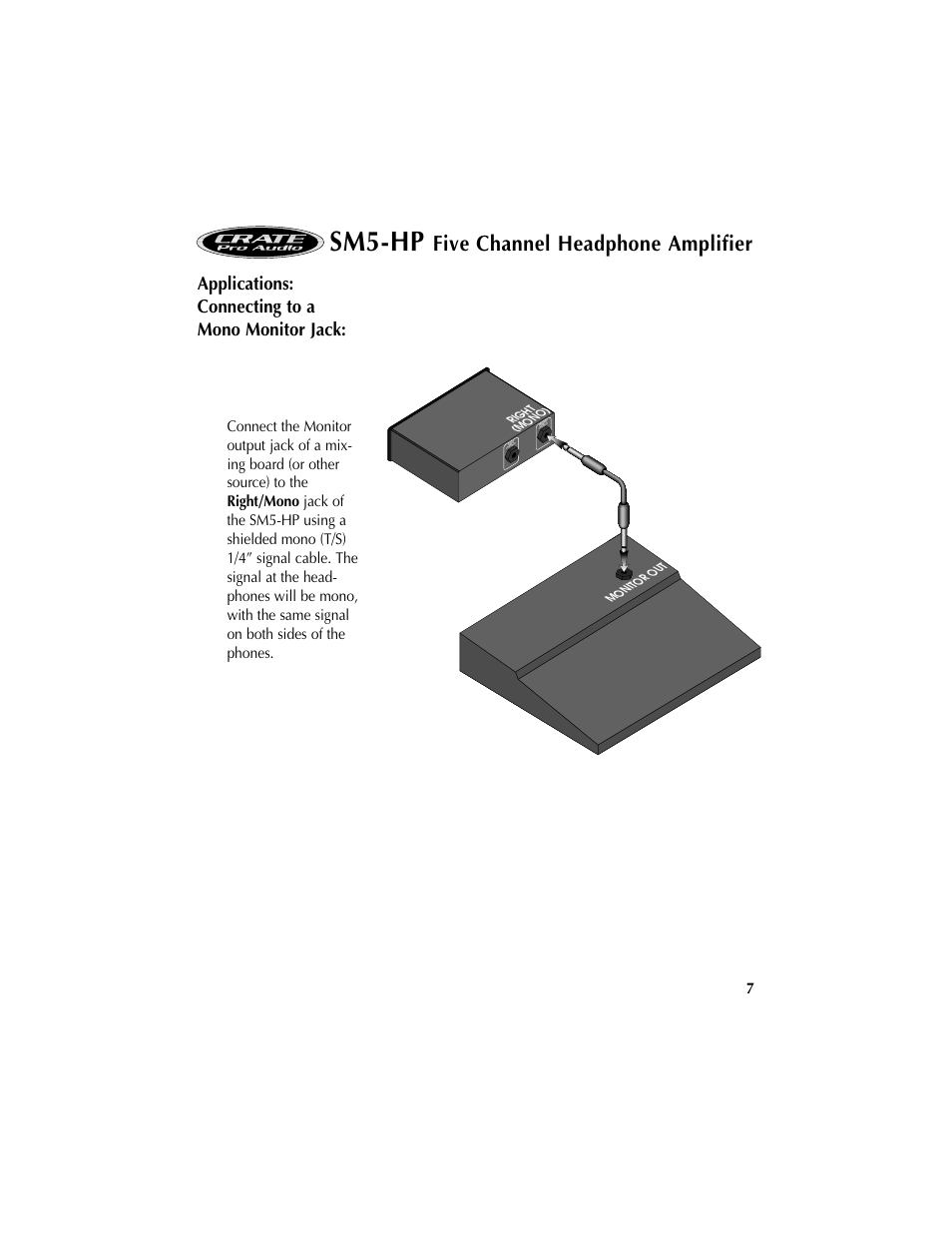 Sm5-hp, Five channel headphone amplifier, Applications: connecting to a mono monitor jack | Crate Amplifiers SM5-HP User Manual | Page 7 / 8