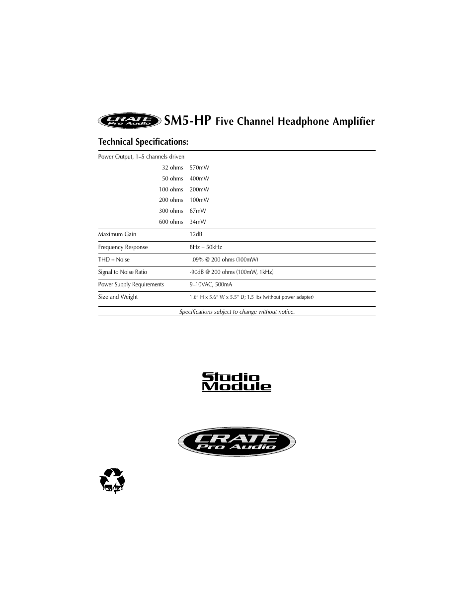 Sm5-hp, Five channel headphone amplifier, Technical specifications | Crate Amplifiers SM5-HP User Manual | Page 8 / 8