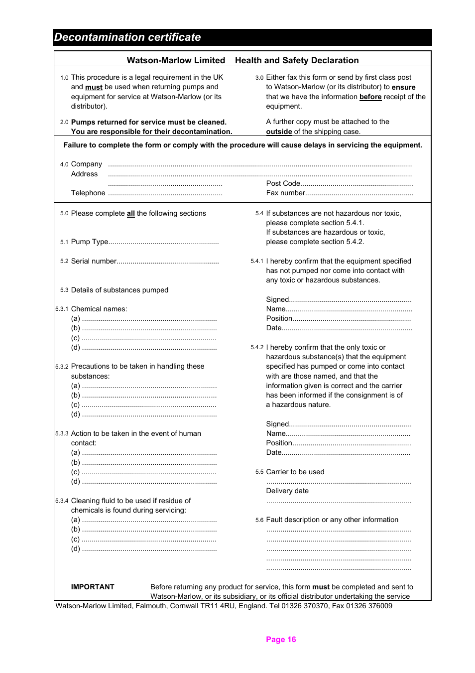 Decontamination certificate | Watson-Marlow 701S/R User Manual | Page 16 / 16