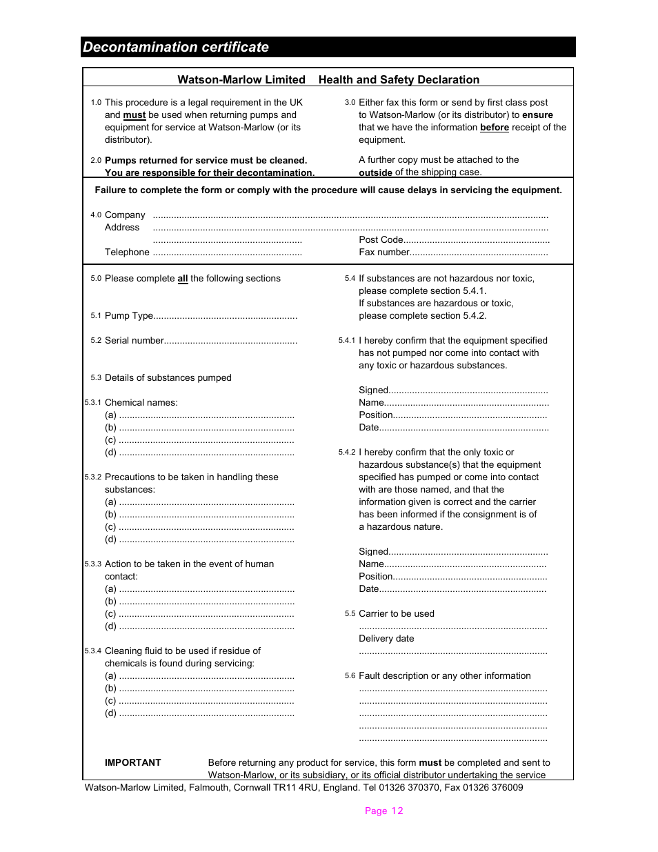 Decontamination certificate | Watson-Marlow 604S/R User Manual | Page 12 / 12