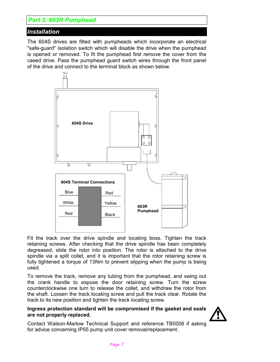 Part 3: 603r pumphead installation | Watson-Marlow 604S/R User Manual | Page 7 / 12