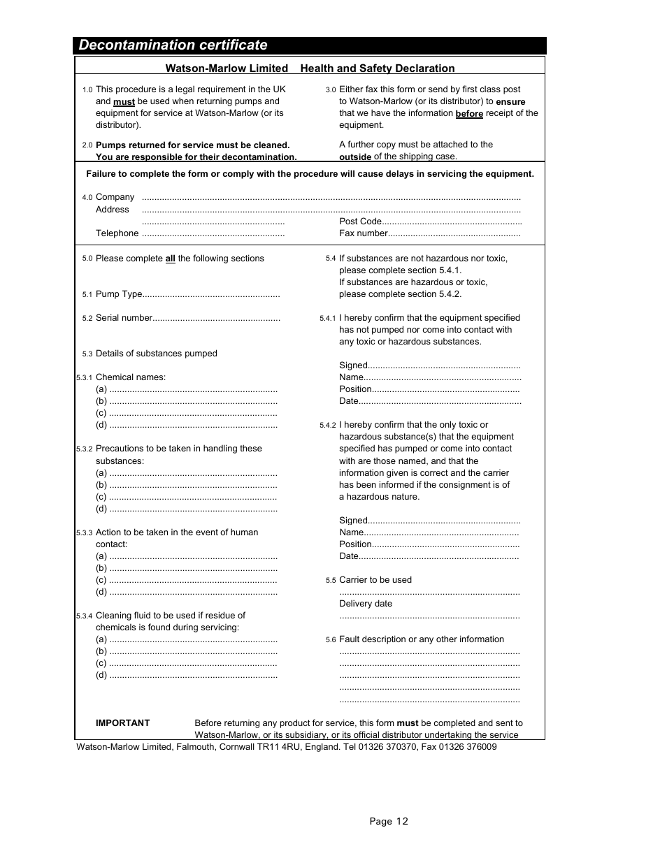 Decontamination certificate | Watson-Marlow 603S/R User Manual | Page 12 / 12