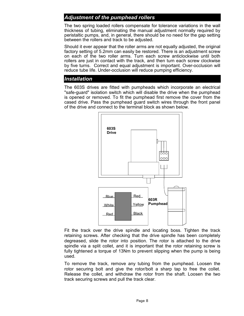 Adjustment of the pumphead rollers, Installation | Watson-Marlow 603S/R User Manual | Page 8 / 12