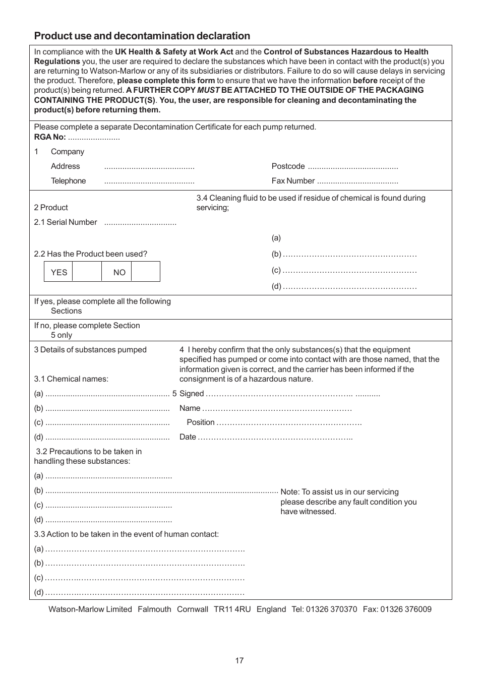 Product use and decontamination declaration | Watson-Marlow 501CC User Manual | Page 17 / 17