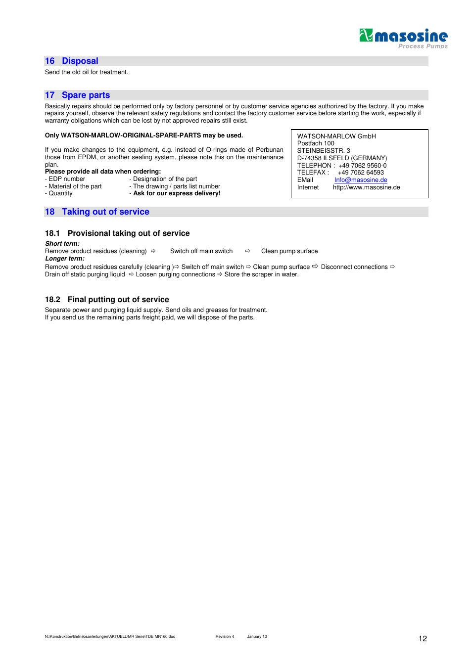 16 disposal, 17 spare parts, 18 taking out of service | Watson-Marlow MR 160 User Manual | Page 12 / 24