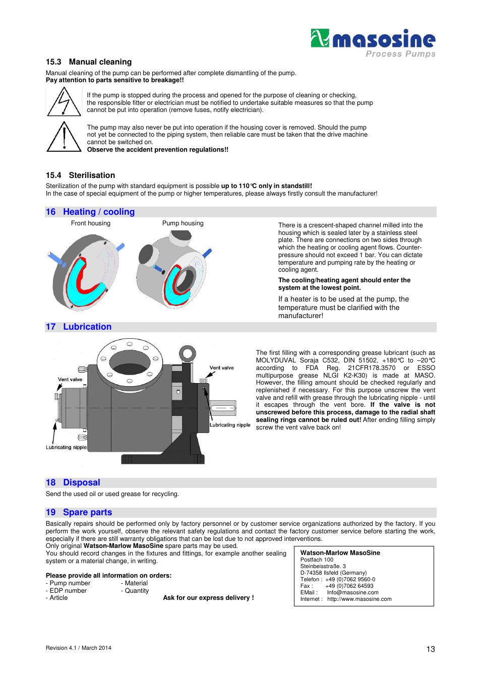 16 heating / cooling, 17 lubrication, 18 disposal | 19 spare parts | Watson-Marlow SPS 600 User Manual | Page 13 / 31