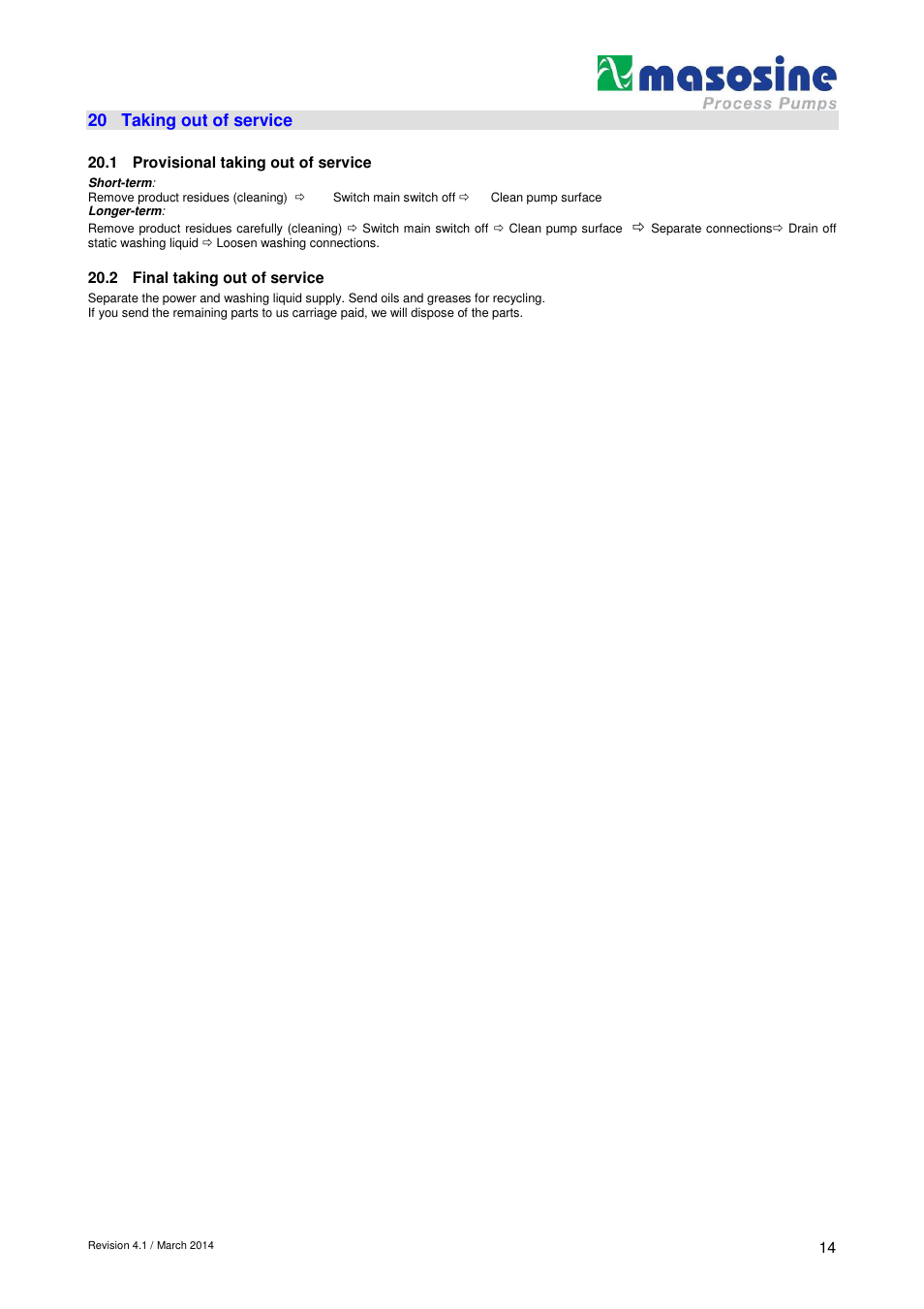 20 taking out of service | Watson-Marlow SPS 600 User Manual | Page 14 / 31