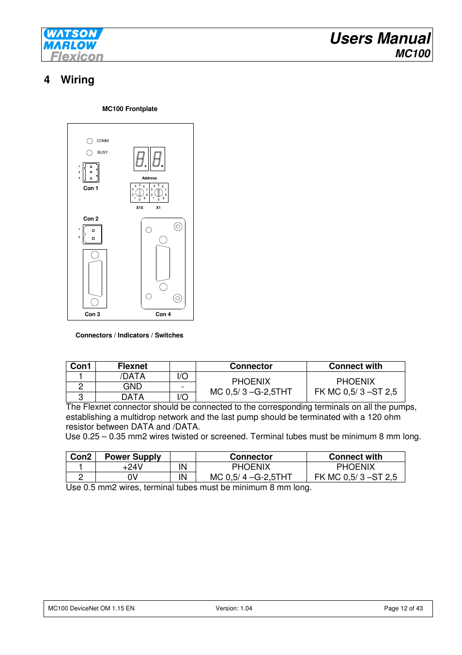 Users manual, Mc100, 4 wiring | Watson-Marlow MC100 User Manual | Page 12 / 43