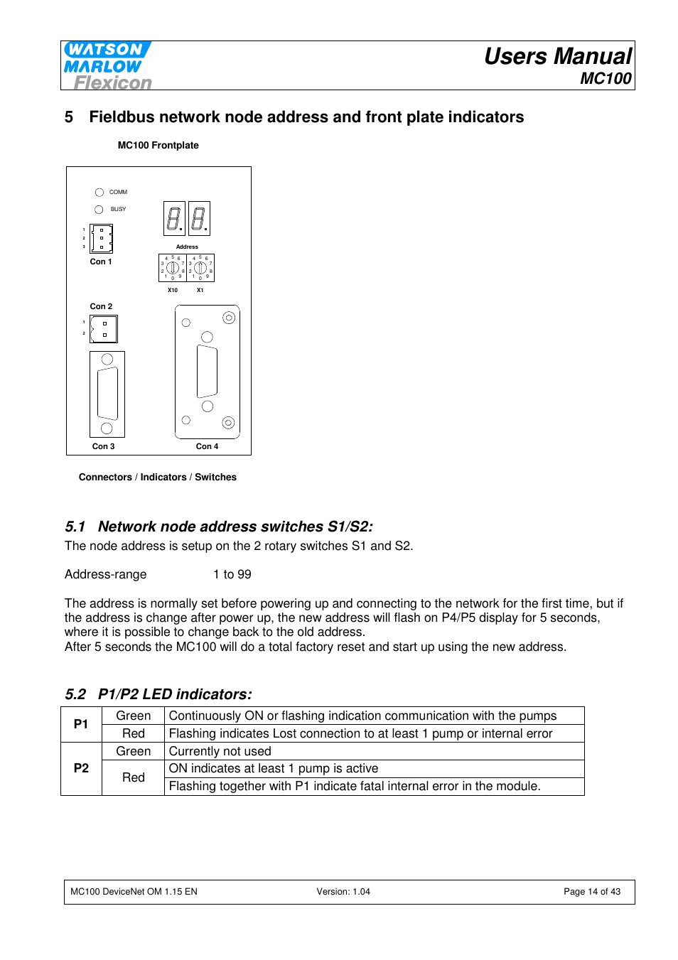 Users manual, Mc100, 1 network node address switches s1/s2 | 2 p1/p2 led indicators | Watson-Marlow MC100 User Manual | Page 14 / 43