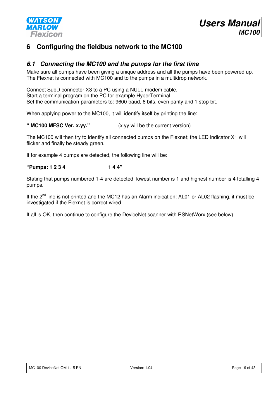 Users manual, Mc100, 6 configuring the fieldbus network to the mc100 | Watson-Marlow MC100 User Manual | Page 16 / 43