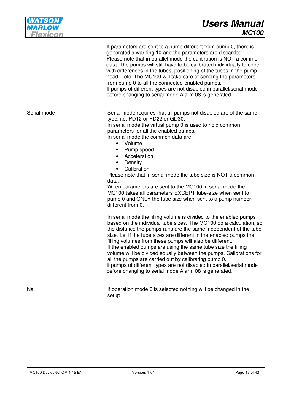 Users manual, Mc100 | Watson-Marlow MC100 User Manual | Page 19 / 43