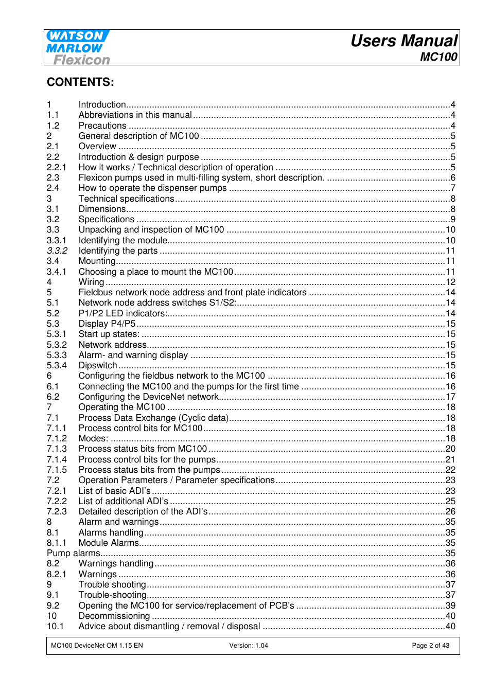 Watson-Marlow MC100 User Manual | Page 2 / 43