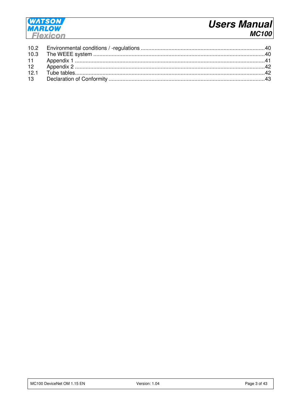 Users manual, Mc100 | Watson-Marlow MC100 User Manual | Page 3 / 43
