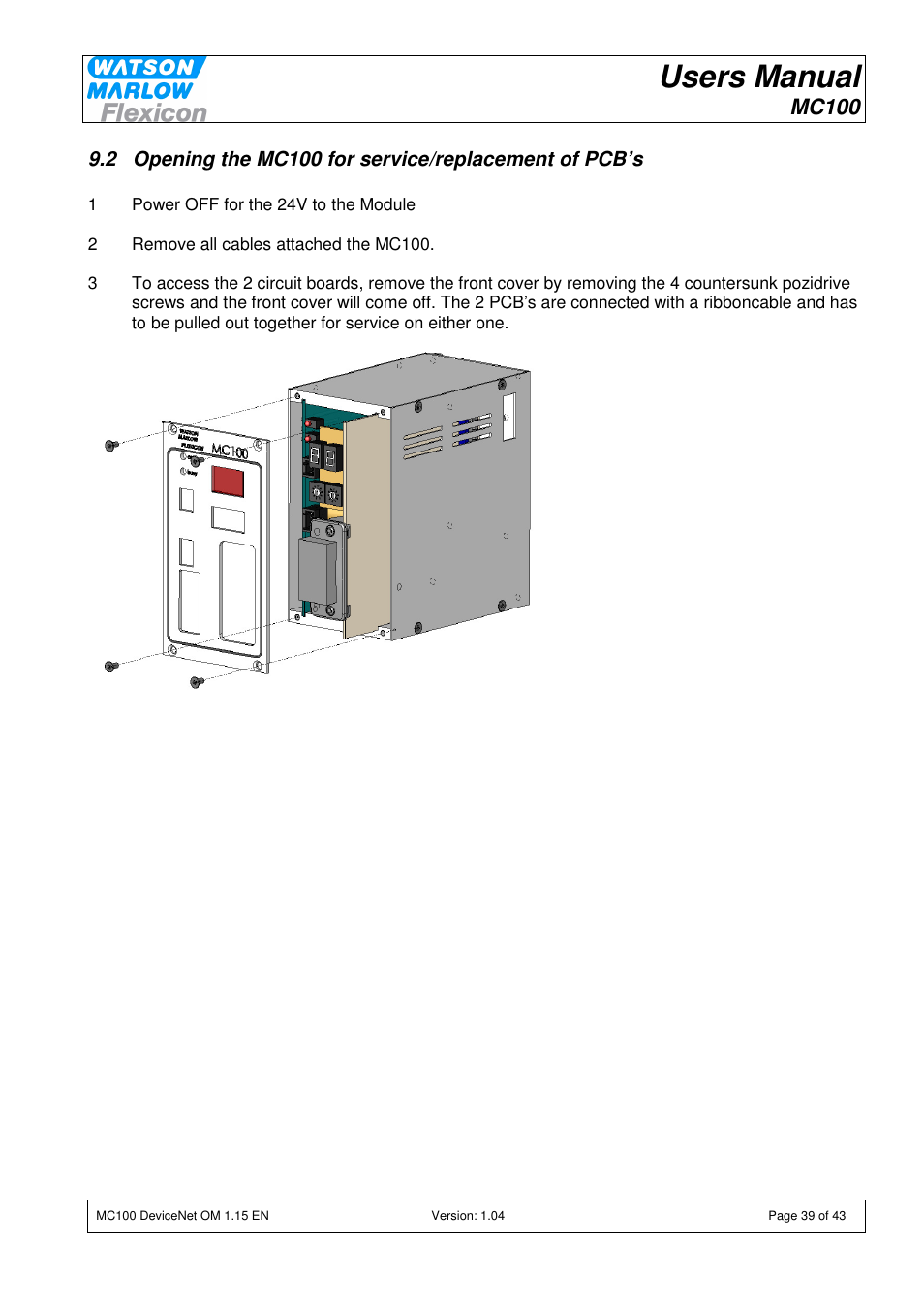 Users manual, Mc100 | Watson-Marlow MC100 User Manual | Page 39 / 43