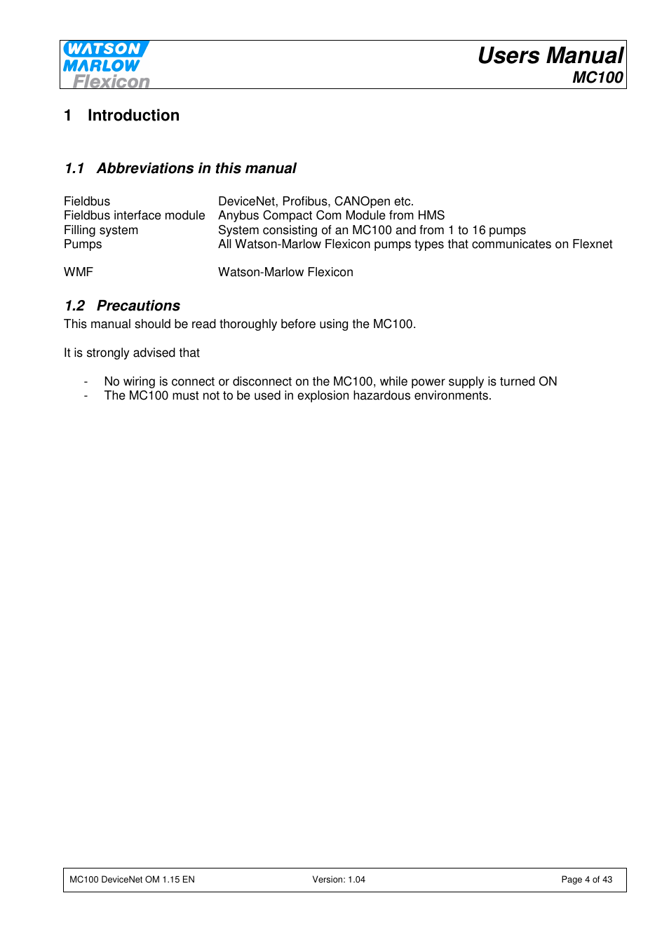 Users manual, Mc100, 1 introduction | Watson-Marlow MC100 User Manual | Page 4 / 43