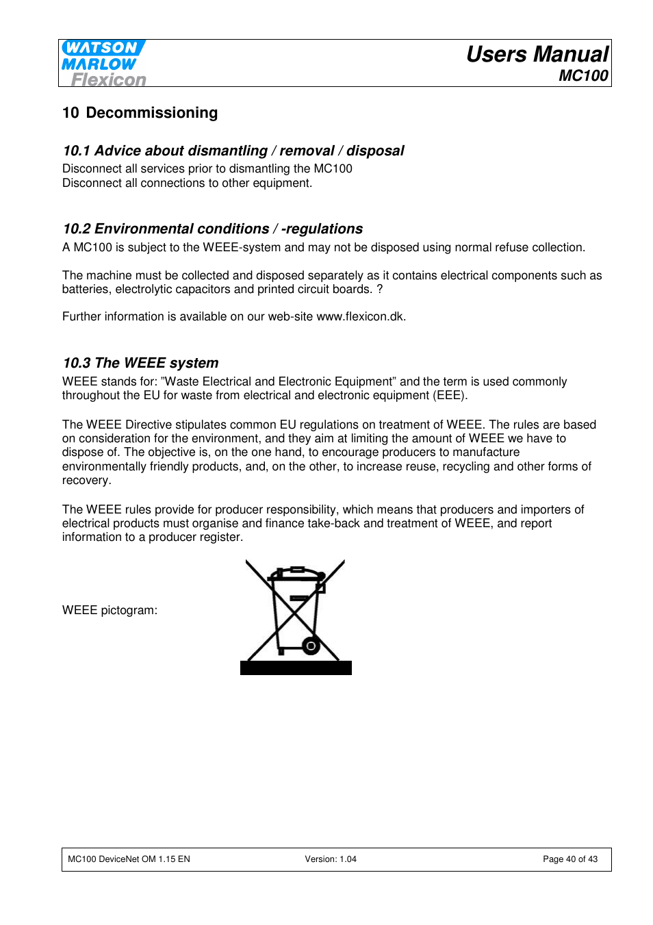 Users manual, Mc100, 10 decommissioning | Watson-Marlow MC100 User Manual | Page 40 / 43